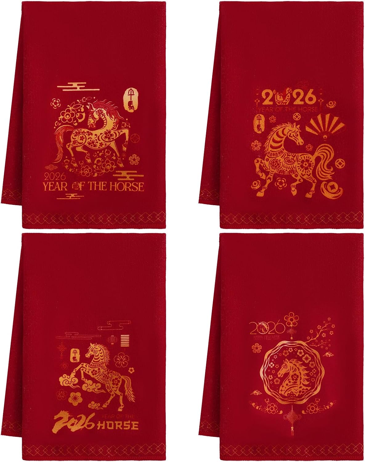 Frienda 4 Pcs Chinese New Year Kitchen Towels 2026 Year of The Horse Gifts Red Lunar Zodiac Horse 16 x 24 Inch Spring Festival Holiday Farmhouse Cleaning Decorations Festive Housewarming Gifts